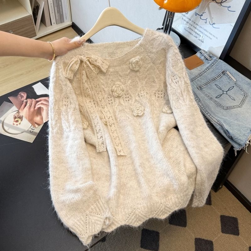 Ženski džemper s mašnicom, okrugli izrez, dugi rukavi, Ice Silk tkanina, duljina 50–65 cm