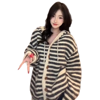 Ženski kardigan s kapuljom i prugama, debeli pleteni materijal, ležernog kroja, Nylon-Spandex-PU smjesa, duljina 50–65 cm, Jesen 2025