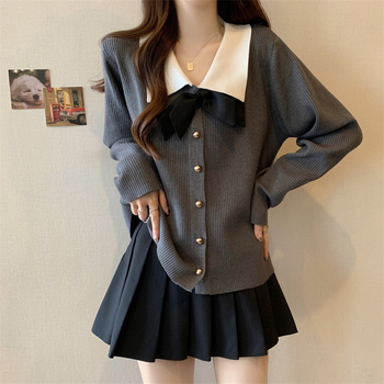 Ženski pleteni pulover s mašnicom, polo ovratnik, poliester mješavina 30-50%, jesen 2025