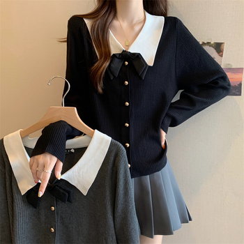 Ženski pleteni pulover s mašnicom, polo ovratnik, poliester mješavina 30-50%, jesen 2025