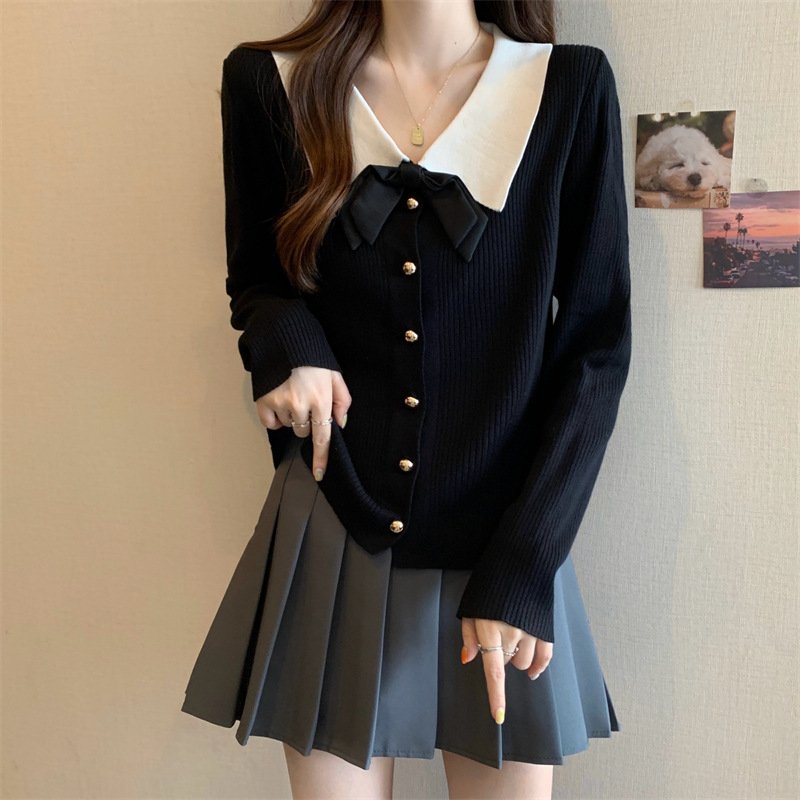 Ženski pleteni pulover s mašnicom, polo ovratnik, poliester mješavina 30-50%, jesen 2025