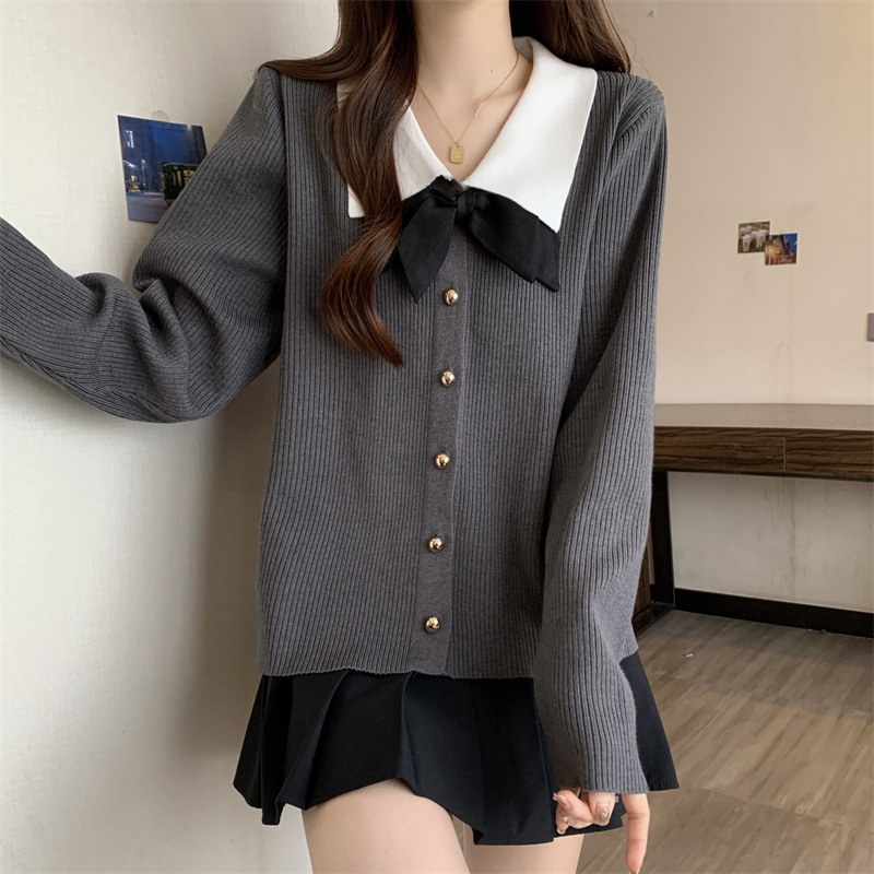 Ženski pleteni pulover s mašnicom, polo ovratnik, poliester mješavina 30-50%, jesen 2025