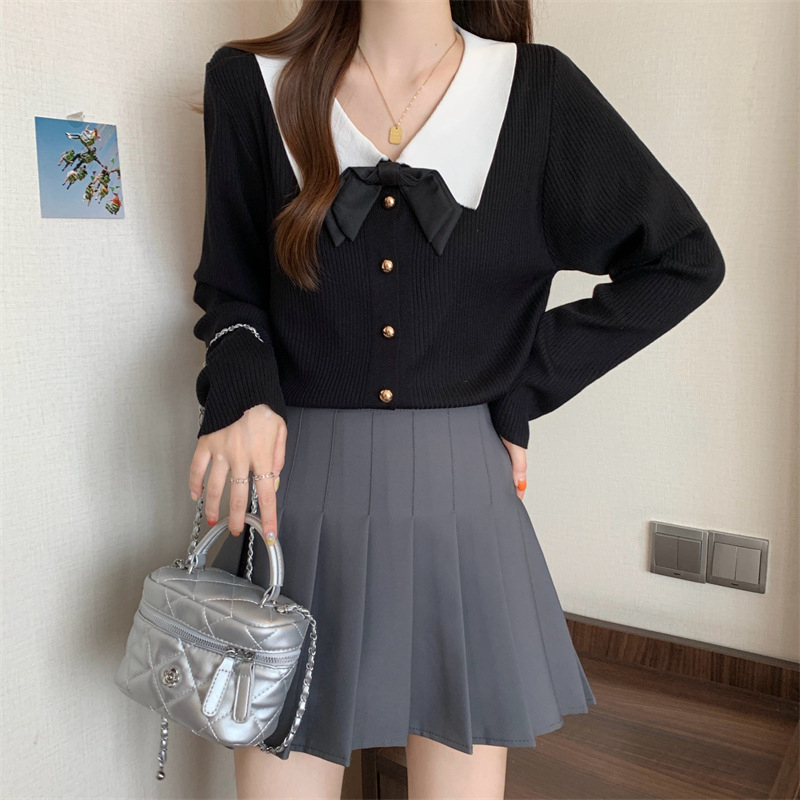 Ženski pleteni pulover s mašnicom, polo ovratnik, poliester mješavina 30-50%, jesen 2025