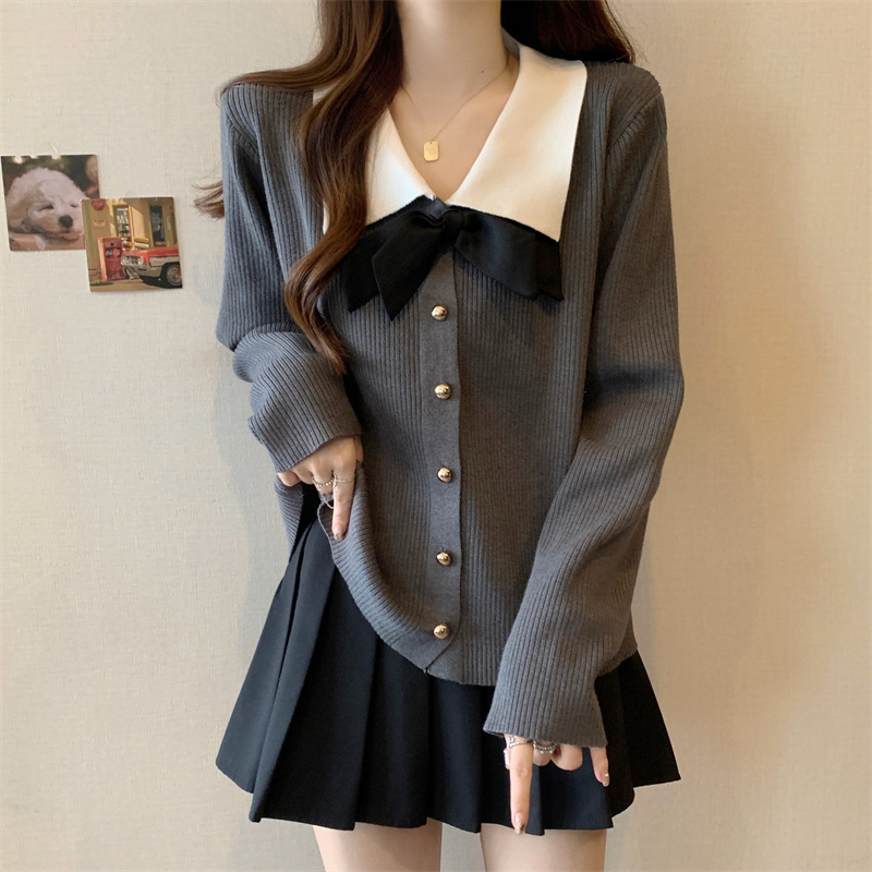 Ženski pleteni pulover s mašnicom, polo ovratnik, poliester mješavina 30-50%, jesen 2025