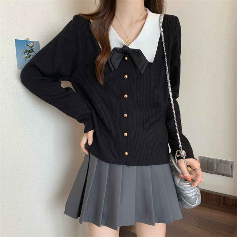 Ženski pleteni pulover s mašnicom, polo ovratnik, poliester mješavina 30-50%, jesen 2025