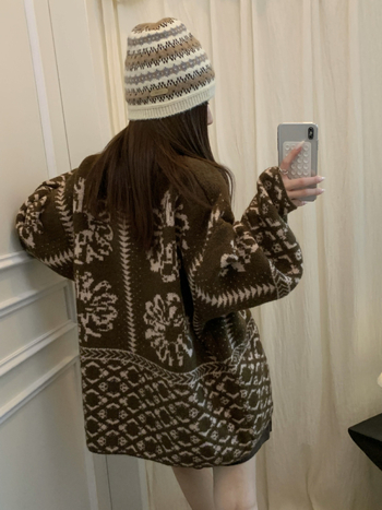 Kardigan od akrilne vlaknine s jacquard uzorkom, stojeći ovratnik, široki kroj, korejski stil