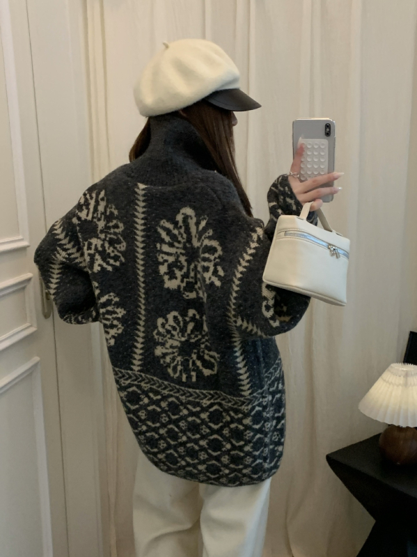 Kardigan od akrilne vlaknine s jacquard uzorkom, stojeći ovratnik, široki kroj, korejski stil