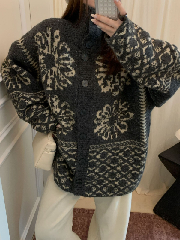 Kardigan od akrilne vlaknine s jacquard uzorkom, stojeći ovratnik, široki kroj, korejski stil