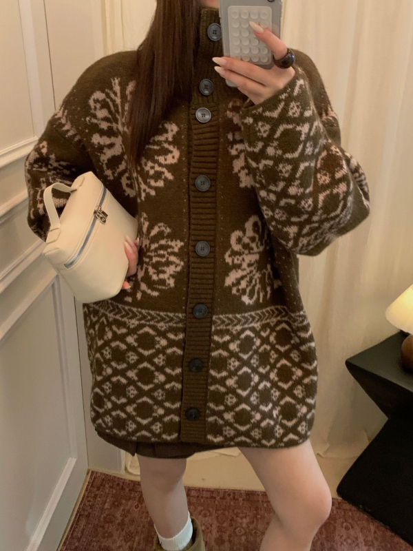 Kardigan od akrilne vlaknine s jacquard uzorkom, stojeći ovratnik, široki kroj, korejski stil
