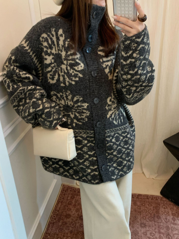 Kardigan od akrilne vlaknine s jacquard uzorkom, stojeći ovratnik, široki kroj, korejski stil
