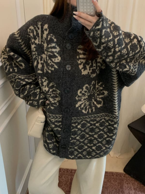 Kardigan od akrilne vlaknine s jacquard uzorkom, stojeći ovratnik, široki kroj, korejski stil