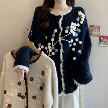 Cardigan s korejskim dizajnom, 3D izvezom i kontrastnim blokovima, chenille tkanina s udjelom vune, V-izrez, dugi rukavi, srednje gustoće