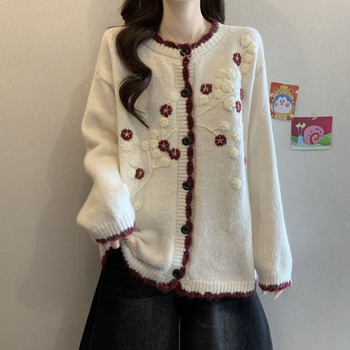 Cardigan s korejskim dizajnom, 3D izvezom i kontrastnim blokovima, chenille tkanina s udjelom vune, V-izrez, dugi rukavi, srednje gustoće
