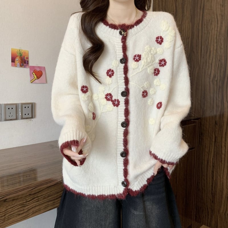 Cardigan s korejskim dizajnom, 3D izvezom i kontrastnim blokovima, chenille tkanina s udjelom vune, V-izrez, dugi rukavi, srednje gustoće