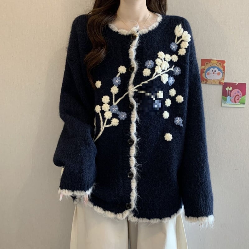 Cardigan s korejskim dizajnom, 3D izvezom i kontrastnim blokovima, chenille tkanina s udjelom vune, V-izrez, dugi rukavi, srednje gustoće