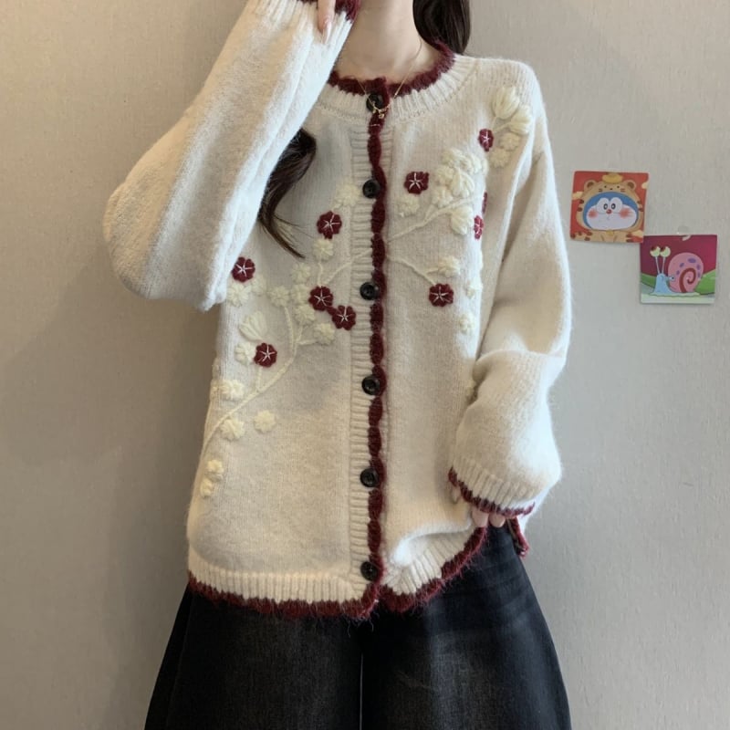 Cardigan s korejskim dizajnom, 3D izvezom i kontrastnim blokovima, chenille tkanina s udjelom vune, V-izrez, dugi rukavi, srednje gustoće