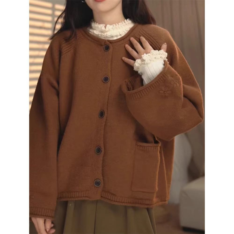 Ženski kardigan od pletene s izvezenim manžetama, vintage stil, Ice Silk tkanina, okrugli vrat, princezini rukavi, proljeće 2025