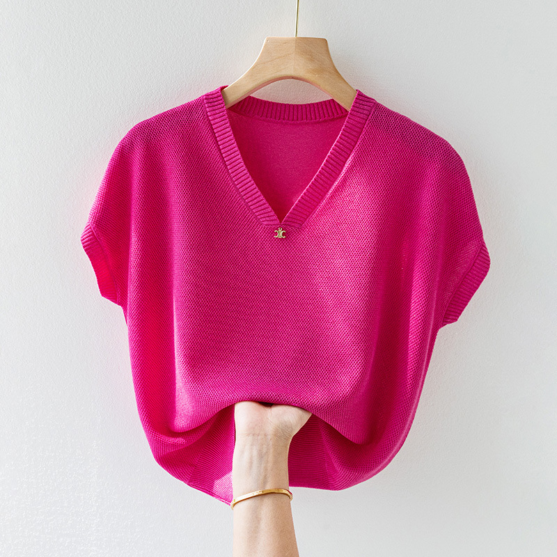 Ženska Ice Silk pletene majice kratkih rukava, V‑izrez, gradski stil, duljina 50–65 cm