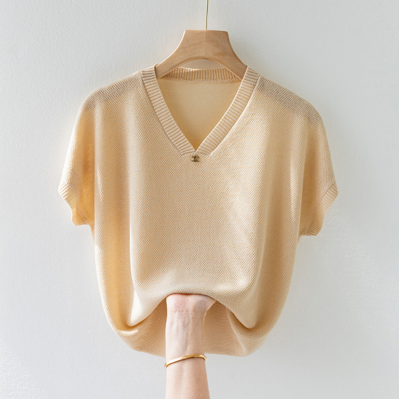 Ženska Ice Silk pletene majice kratkih rukava, V‑izrez, gradski stil, duljina 50–65 cm