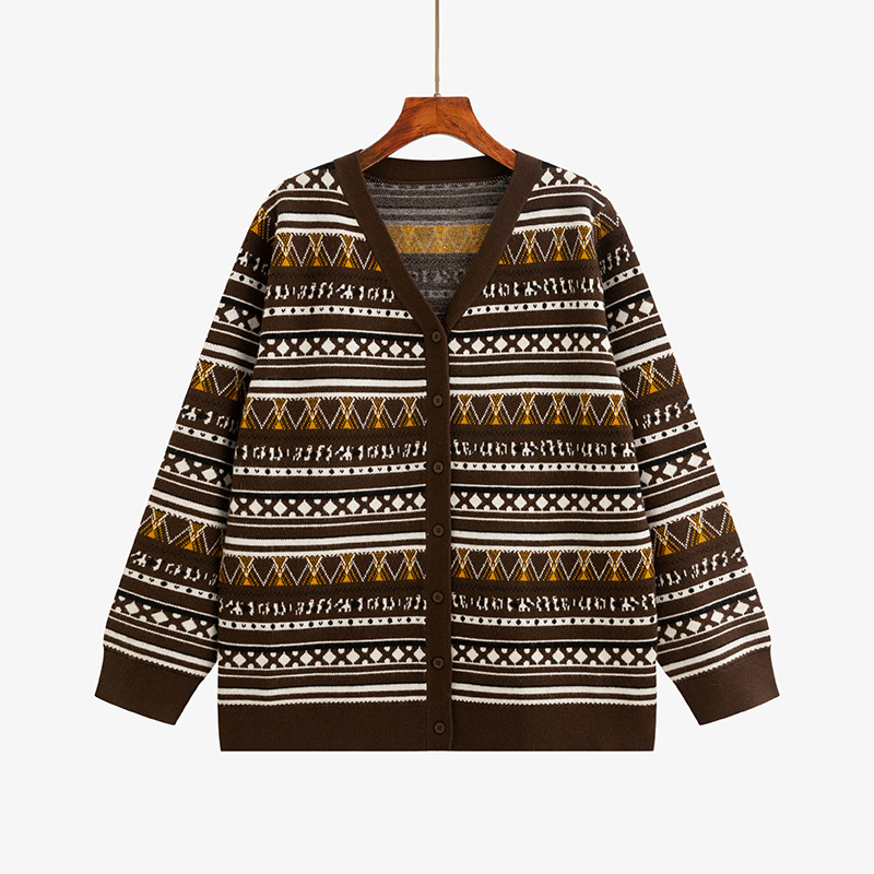 Cardigan tricotat retro Naili, jacquard, decolteu în V, mâneci raglan, amestec poliester-viscose, iarnă 2025