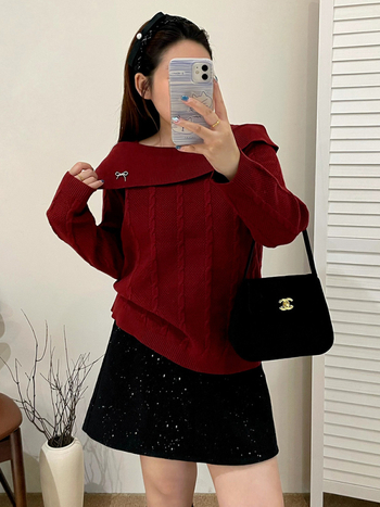 Pulover tricotat damă, guler cu linie, mâneci lungi, lungime medie, tricot velur, iarna 2025