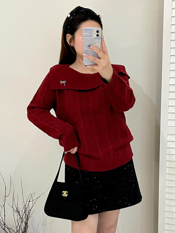 Pulover tricotat damă, guler cu linie, mâneci lungi, lungime medie, tricot velur, iarna 2025