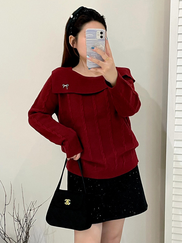 Pulover tricotat damă, guler cu linie, mâneci lungi, lungime medie, tricot velur, iarna 2025