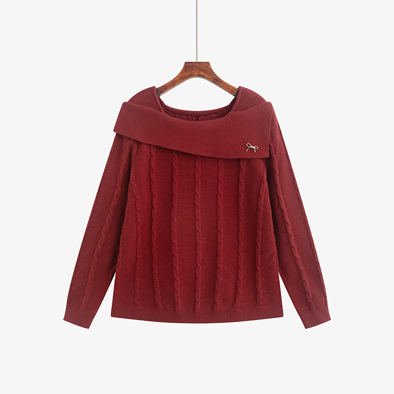 Pulover tricotat damă, guler cu linie, mâneci lungi, lungime medie, tricot velur, iarna 2025