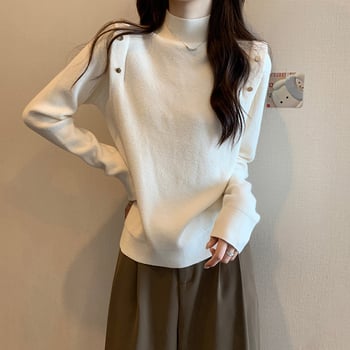 Pulover tricotat pentru femei, croială Slim, mâneci lungi, guler semi-înalt rotund, grosime medie