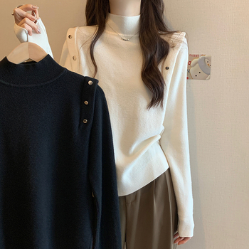 Pulover tricotat pentru femei, croială Slim, mâneci lungi, guler semi-înalt rotund, grosime medie