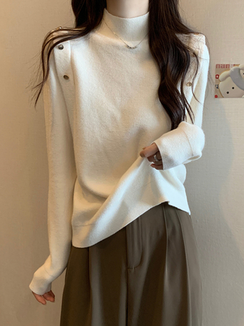 Pulover tricotat pentru femei, croială Slim, mâneci lungi, guler semi-înalt rotund, grosime medie