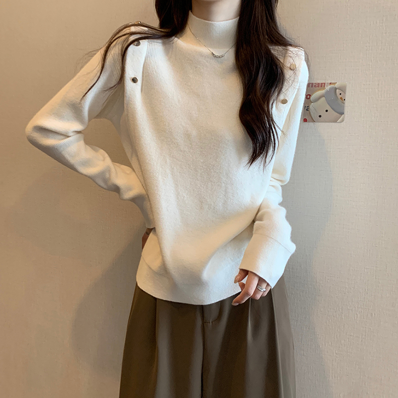 Pulover tricotat pentru femei, croială Slim, mâneci lungi, guler semi-înalt rotund, grosime medie