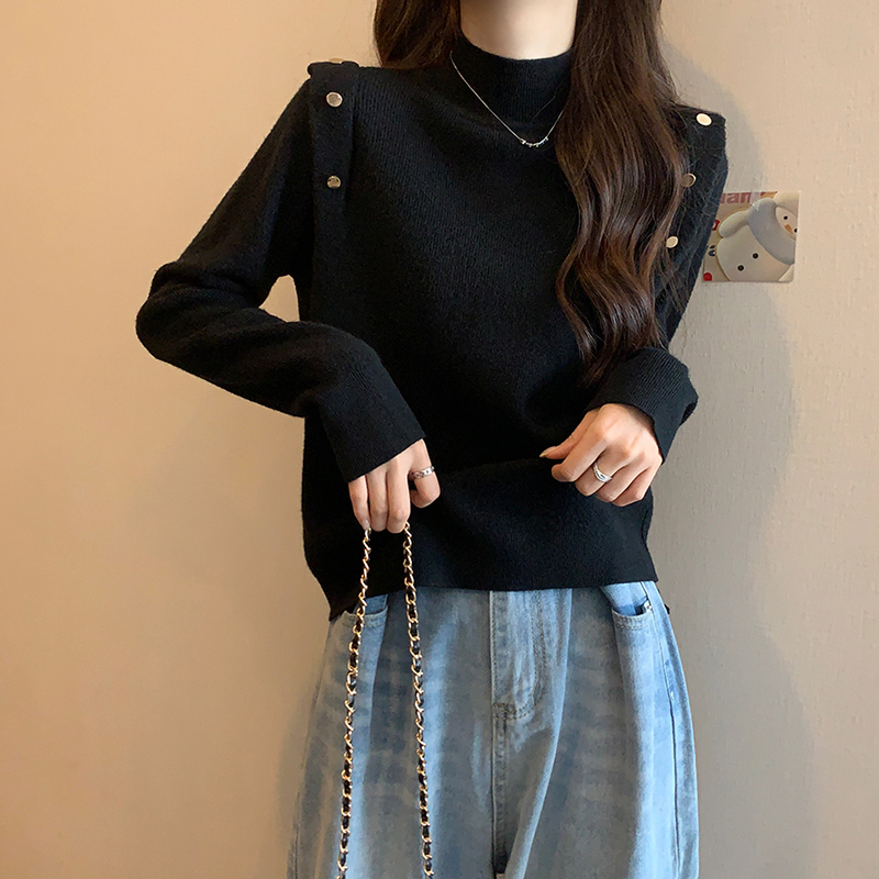 Pulover tricotat pentru femei, croială Slim, mâneci lungi, guler semi-înalt rotund, grosime medie