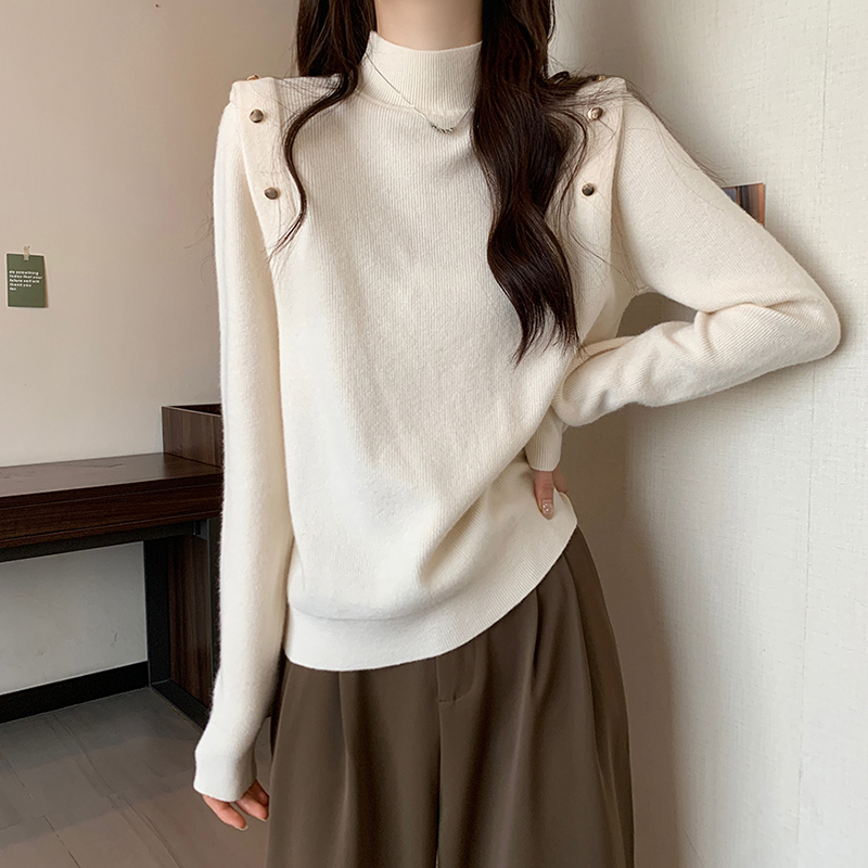 Pulover tricotat pentru femei, croială Slim, mâneci lungi, guler semi-înalt rotund, grosime medie