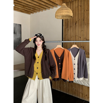 Cardigan tricotat cu design fals de două părți, decolteu în V, mâneci lungi, fibre de poliester, toamna 2025