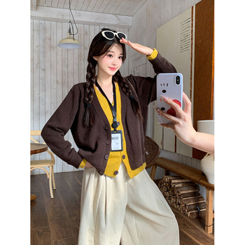 Cardigan tricotat cu design fals de două părți, decolteu în V, mâneci lungi, fibre de poliester, toamna 2025