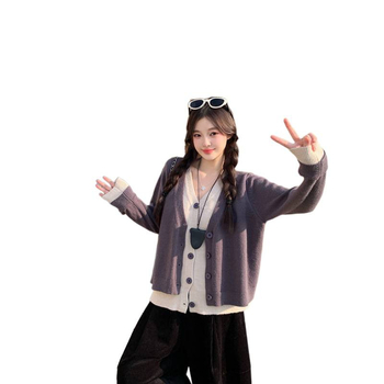 Cardigan tricotat cu design fals de două părți, decolteu în V, mâneci lungi, fibre de poliester, toamna 2025