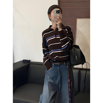 Pulover cu guler polo, mâneci lungi, tricot gros, dungi contrastante, țesătură din lână