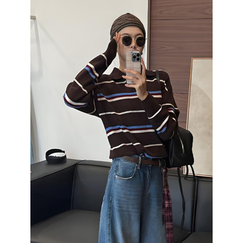 Pulover cu guler polo, mâneci lungi, tricot gros, dungi contrastante, țesătură din lână