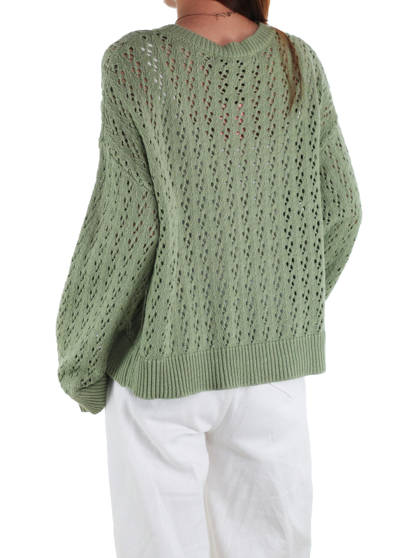 Pulover tricotat cu glugă, croială lejeră, perforații, guler rotund, mâneci lungi