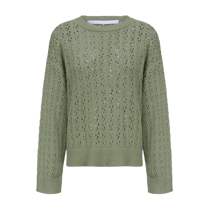 Pulover tricotat cu glugă, croială lejeră, perforații, guler rotund, mâneci lungi