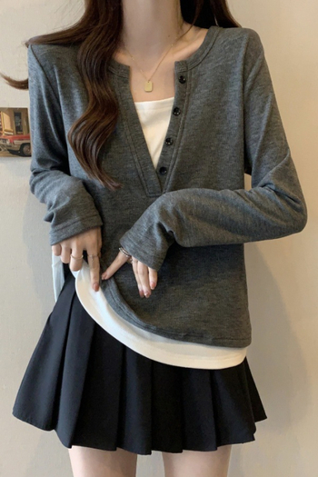 Tricou T cu decolteu în V, mâneci lungi, tricot poliester, broderie, croială în formă de A