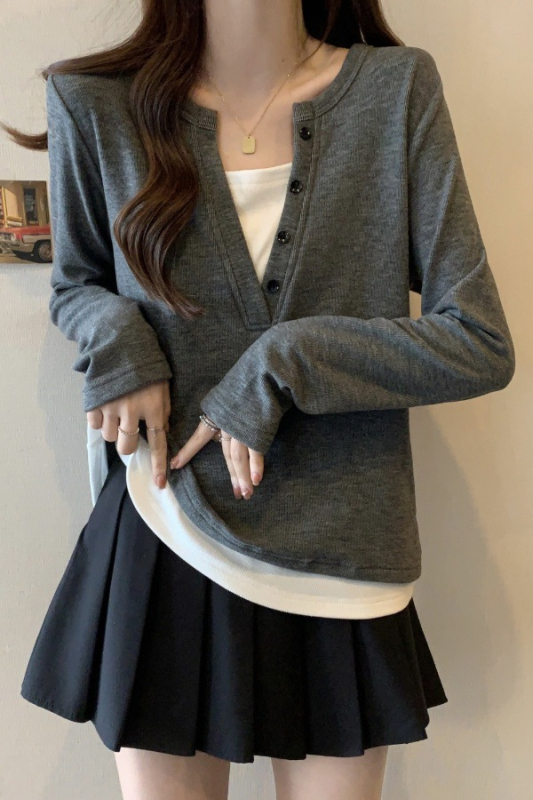 Tricou T cu decolteu în V, mâneci lungi, tricot poliester, broderie, croială în formă de A