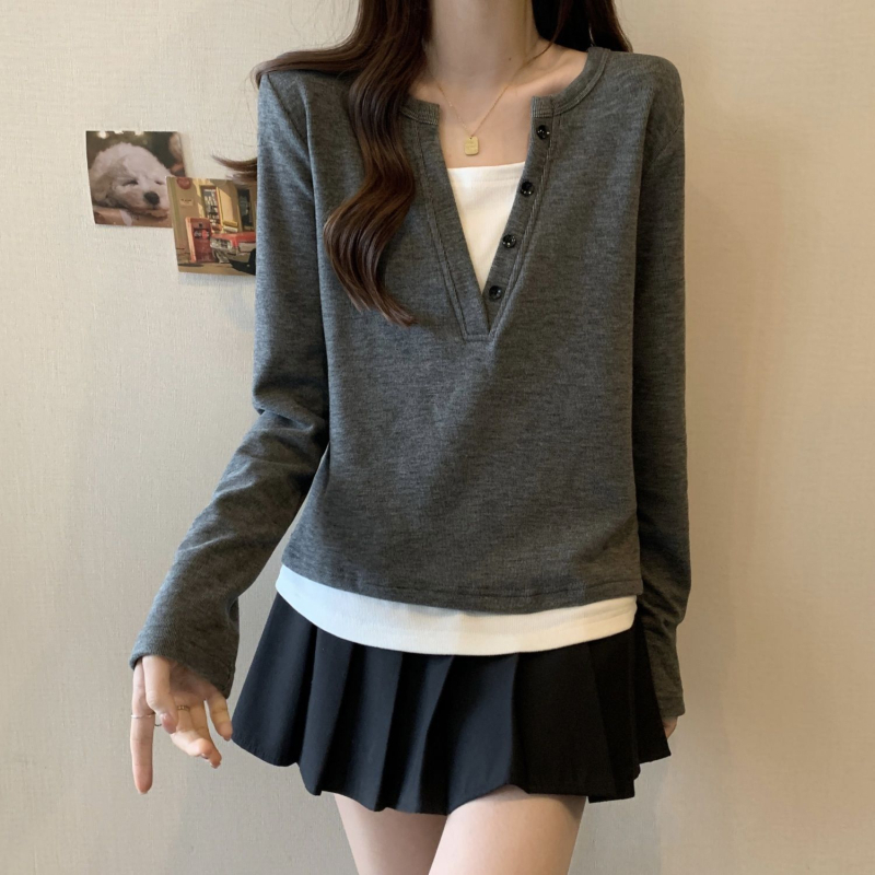 Tricou T cu decolteu în V, mâneci lungi, tricot poliester, broderie, croială în formă de A