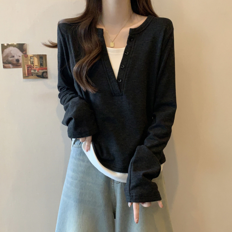 Tricou T cu decolteu în V, mâneci lungi, tricot poliester, broderie, croială în formă de A