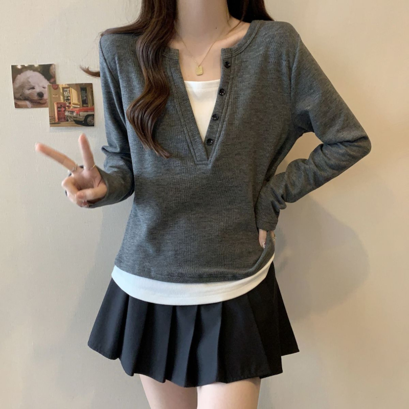 Tricou T cu decolteu în V, mâneci lungi, tricot poliester, broderie, croială în formă de A