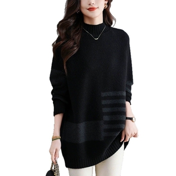 Pulover tricotat gros cu glugă pentru femei | Geometric pattern, guler rotund, mâneci lungi (Material: tricot; amestec poliester/acril; Grosime: dens)