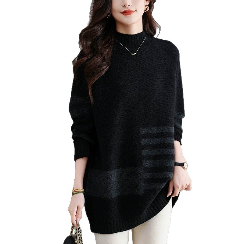 Pulover tricotat gros cu glugă pentru femei | Geometric pattern, guler rotund, mâneci lungi (Material: tricot; amestec poliester/acril; Grosime: dens)