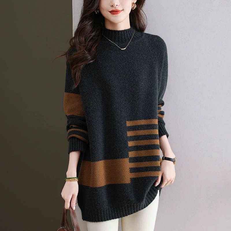 Pulover tricotat gros cu glugă pentru femei | Geometric pattern, guler rotund, mâneci lungi (Material: tricot; amestec poliester/acril; Grosime: dens)