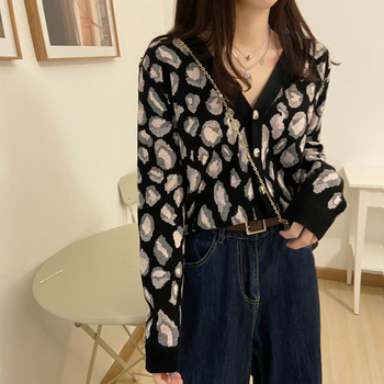 Cardigan tricotat cu imprimeu leopard, decolteu în V, mâneci lungi, croi lejer, fibră acrilică